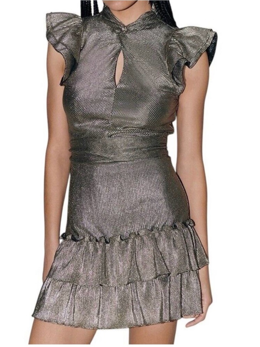 NWT Saylor Izel Metallic Bronze Gold Flutter Sleeve Mini Dress Fairy Medium